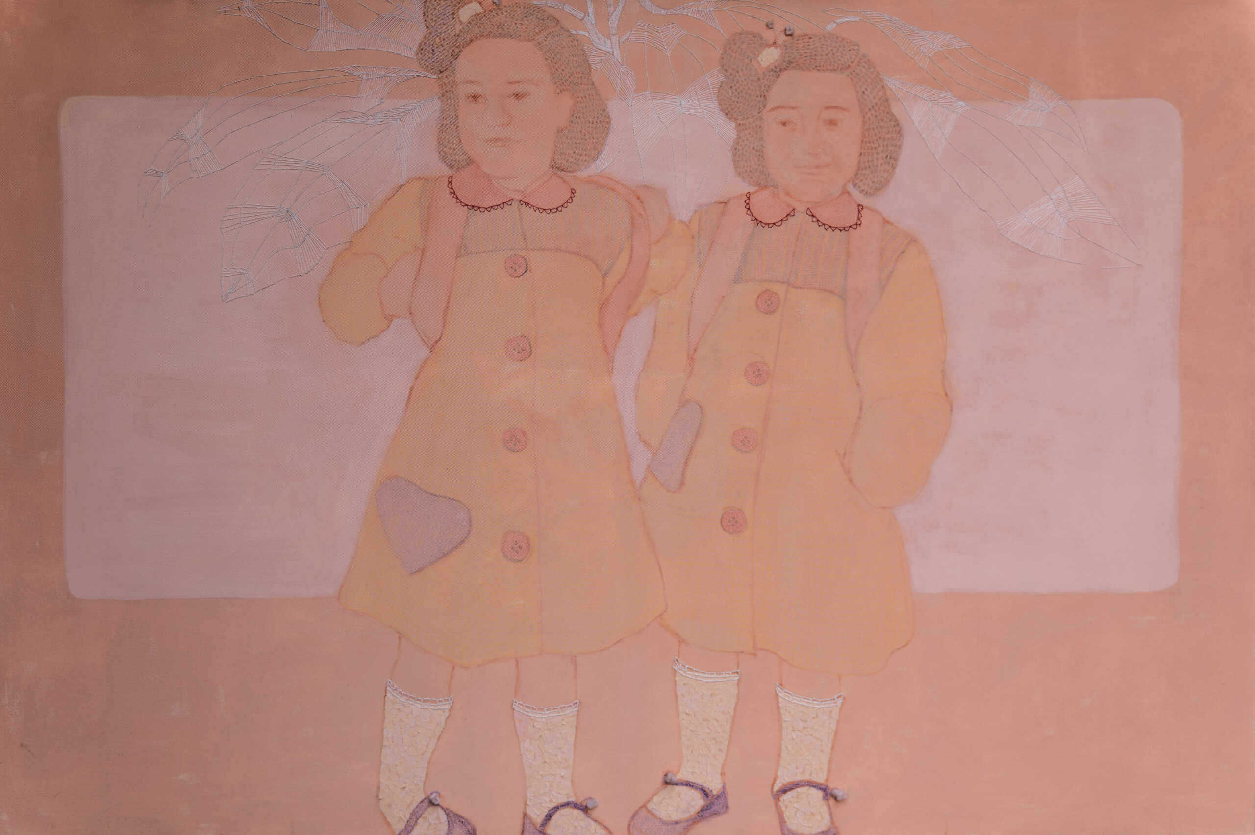 Mamma e Figlia, Acrylic, Pencils, thread and colored paper on canvas.,100x150cm, 2014.|